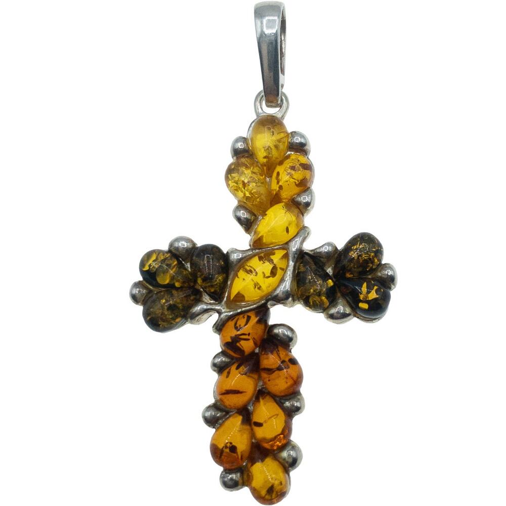 Sterling Silver Tricolor Amber Cross Pendant 925 Large Statement
